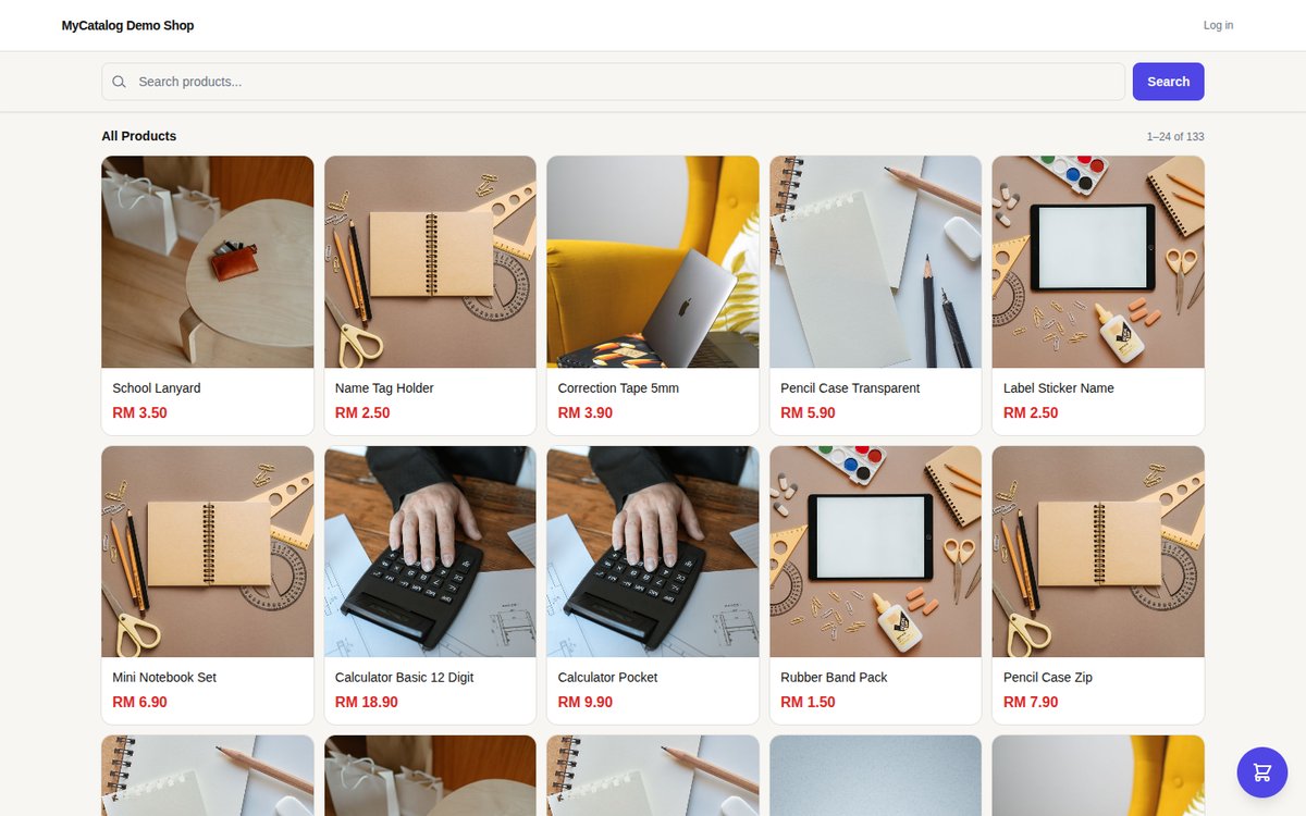 Screenshot of the public MyBeli demo catalog, showing a searchable product grid with names and prices.