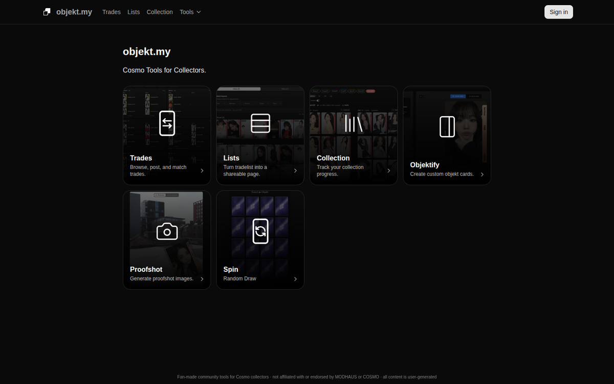 Screenshot of the objekt.my homepage showing the Trades, Lists, Collection, Objektify, Proofshot, and Spin tool cards.